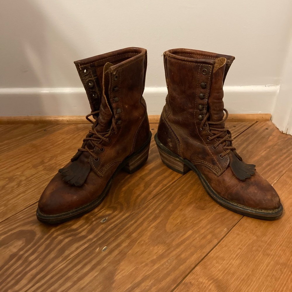 VTG Durango Packer Leather Mid Calf Lace Up Boots Kilted Roper RD535 Size 8.5